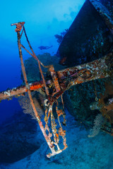 Naklejka premium SCUBA divers exploring a large underwater shipwreck near a tropical coral reef