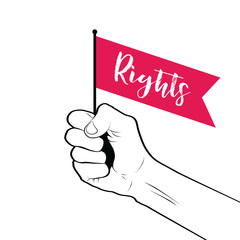 Clenched fist raised in the air holding a rights banner flag