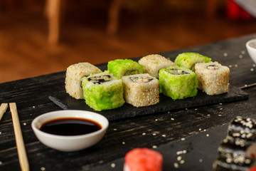 sushi rolls Fresh and delicious (portion of sushi) - Sushi menu. Japanese food. food background