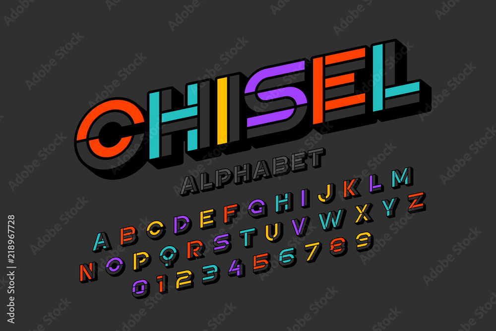 Fototapete colorful chisel font design, alphabet letters and numbers