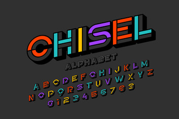 Colorful chisel font design, alphabet letters and numbers