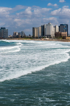 Foamy Mediterranean sea waves at Telaviv, Israel.