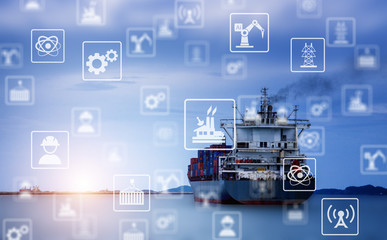  Industry icon pattern on cargo ship background.