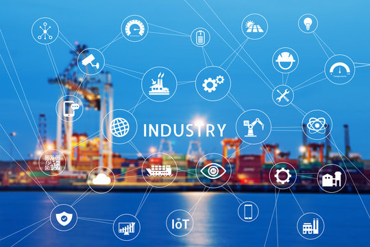 Industry icon pattern on cargo dock background.