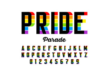 Rainbow flag colors font, colorful alphabet letters and numbers
