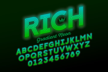 Modern neon style font, alphabet letters and numbers