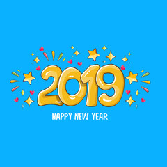 2019 Happy New Year poster design template. Vector happy new year greeting illustration with colored hand drawn 2019 numbers and stars isolated on blue background