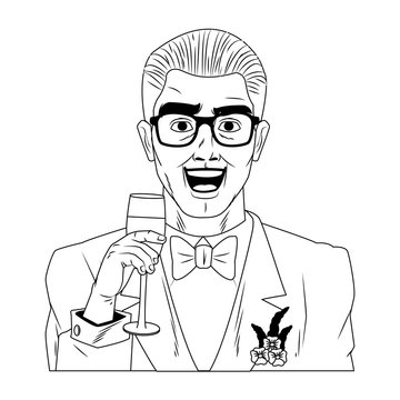Groom with glasses and champagne cup pop art cartoon vector illustration graphic design