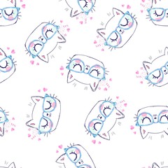 Cat with glasses background, vector seamless pattern with cat. Cute Print Design