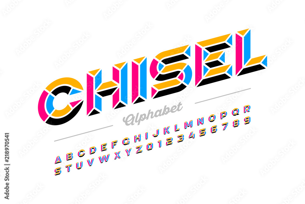 Fototapete retro style chisel font, colorful alphabet letters and numbers