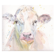 Vector illustration of a watercolor muzzle cow. Cow isolated on white background. Frontal head of a cow. - 218970500