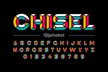 Retro style chisel font, colorful alphabet letters and numbers