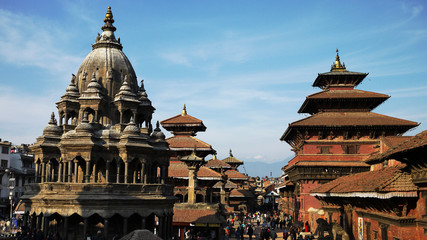 nepal cityscape, travel in ancient building in blue sky in traditional patan before 2012