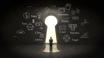 Businessman standing in front of Keyhole, Business plan and various graph in black wall concept. 4k movie.2.