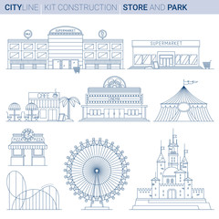Line Vector Illustration Set. City service and entertainment bui