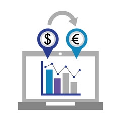 laptop computer with euro and dollar