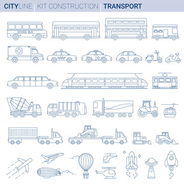 Line Vector Illustration Set. City vehicles
