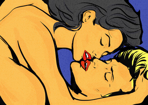 pop art couple amour sexuel femme sur un homme allong&eacute; orgasme