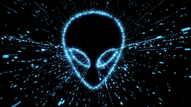 Classic 'Gray' alien head in streams of blue data