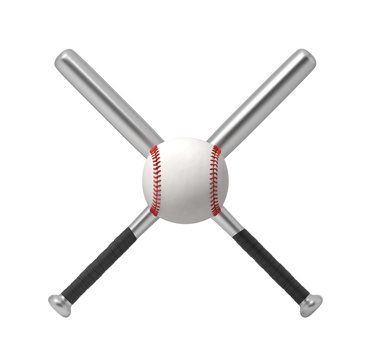 3d rendering of two steel baseball bats making a cross shape with a giant white baseball in front of them.