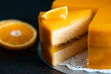 Close up of orange cake  on the table