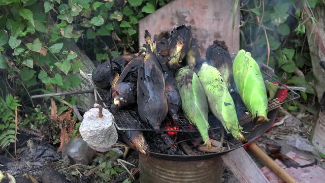 Hands of the granny who is grilling a corn on fire. Dazhai, Guangxi, China. 