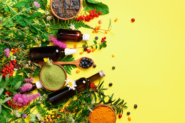 Natural herbal ingredients for alternative medicine on yellow background. Natural skin care beauty...