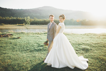 Gorgeous bride and stylish groom walking at sunny landscape, wedding couple, luxury ceremony mountains with amazing view, space for text