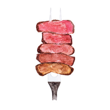 Watercolour painting slices of beef steak on meat fork on white background.