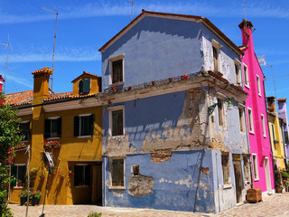 The houses painted in brilliant pastel shades at Burano Italy