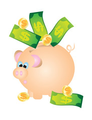 Piggy Bank with Bills and Coins vector Illustration