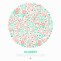 Allergy concept in circle with thin line icons: runny nose, dust, streaming eyes, lactose intolerance, citrus, seafood,gluten free, allergy test, edema. Vector illustration, print media template