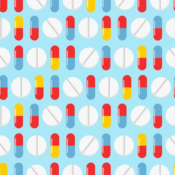 Colorful pills seamless pattern. Vector background. Seamless texture realistic tablets on blue background
