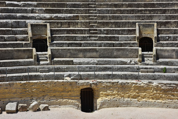 Italy, Lecce, view and details of the ruins of the amphitheater roman