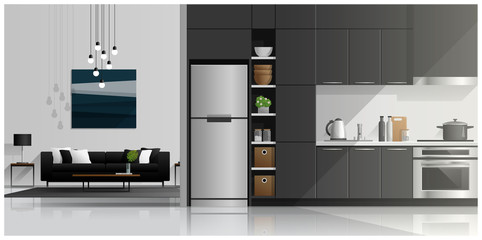 House interior scene with modern kitchen and living room , vector , illustration