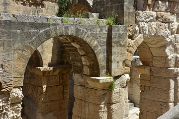 Italy, Lecce, view and details of the ruins of the amphitheater roman