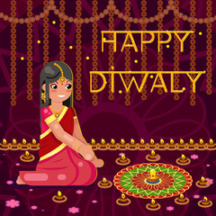 Happy diwali cute indian girl woman in native traditional clothes fire celebration flat design vector illustration