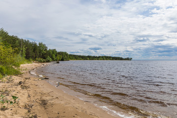 Landscape of a group of islands in the water area of the Volga, called 