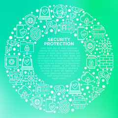Security and protection concept in circle with thin line icons: mobile security, fingerprint, badge, firewall, face ID, secure folder, surveillance camera, keyset, shredder. Modern vector illustration