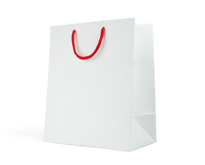 Mock-up of blank shopping bag with red handle rope on white background