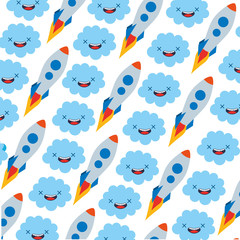 startup rocket with clouds kawaii pattern