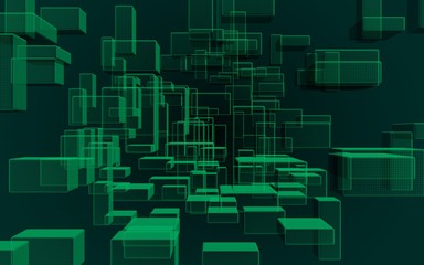 Green and dark abstract digital and technology background. The pattern with repeating rectangles. 3D illustration