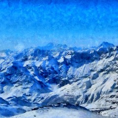 Hand drawing watercolor art on canvas. Artistic big print. Original modern painting. Acrylic dry brush background. Beautiful winter mountain landscape. Mountain valley. Wonderful snow view. Rock. 