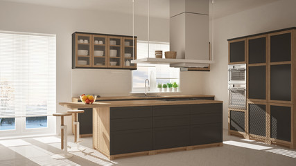 Modern wooden and gray kitchen with island, stools and windows, parquet herringbone floor, architecture minimalistic interior design