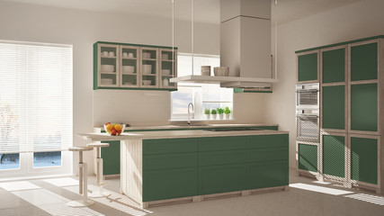 Modern wooden and green kitchen with island, stools and windows, parquet herringbone floor, architecture minimalistic interior design