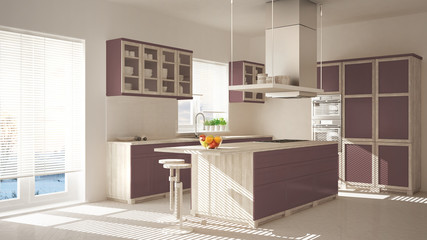 Modern wooden and red purple kitchen with island, stools and windows, parquet herringbone floor, architecture minimalistic interior design