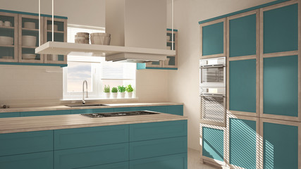 Modern wooden and turquoise kitchen with island, parquet herringbone floor, architecture minimalistic interior design