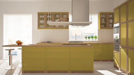 Modern wooden and yellow kitchen with island, stools and windows, parquet herringbone floor, architecture minimalistic interior design