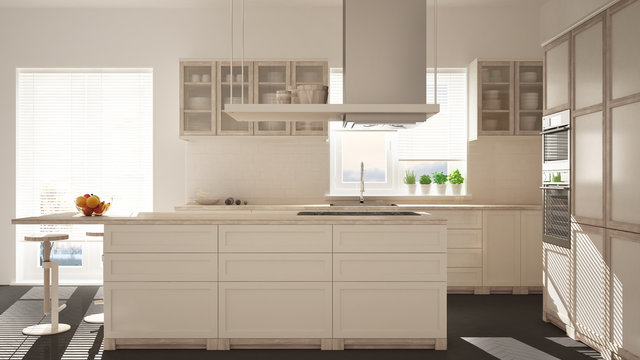 Modern wooden and white kitchen with island, stools and windows, parquet herringbone floor, architecture minimalistic interior design