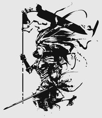 Female knight holding flag fluttering in the wind